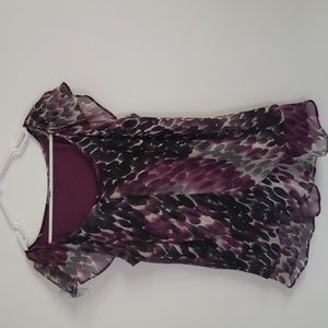 Layered blouse, plum colored shell, lettuce edge.